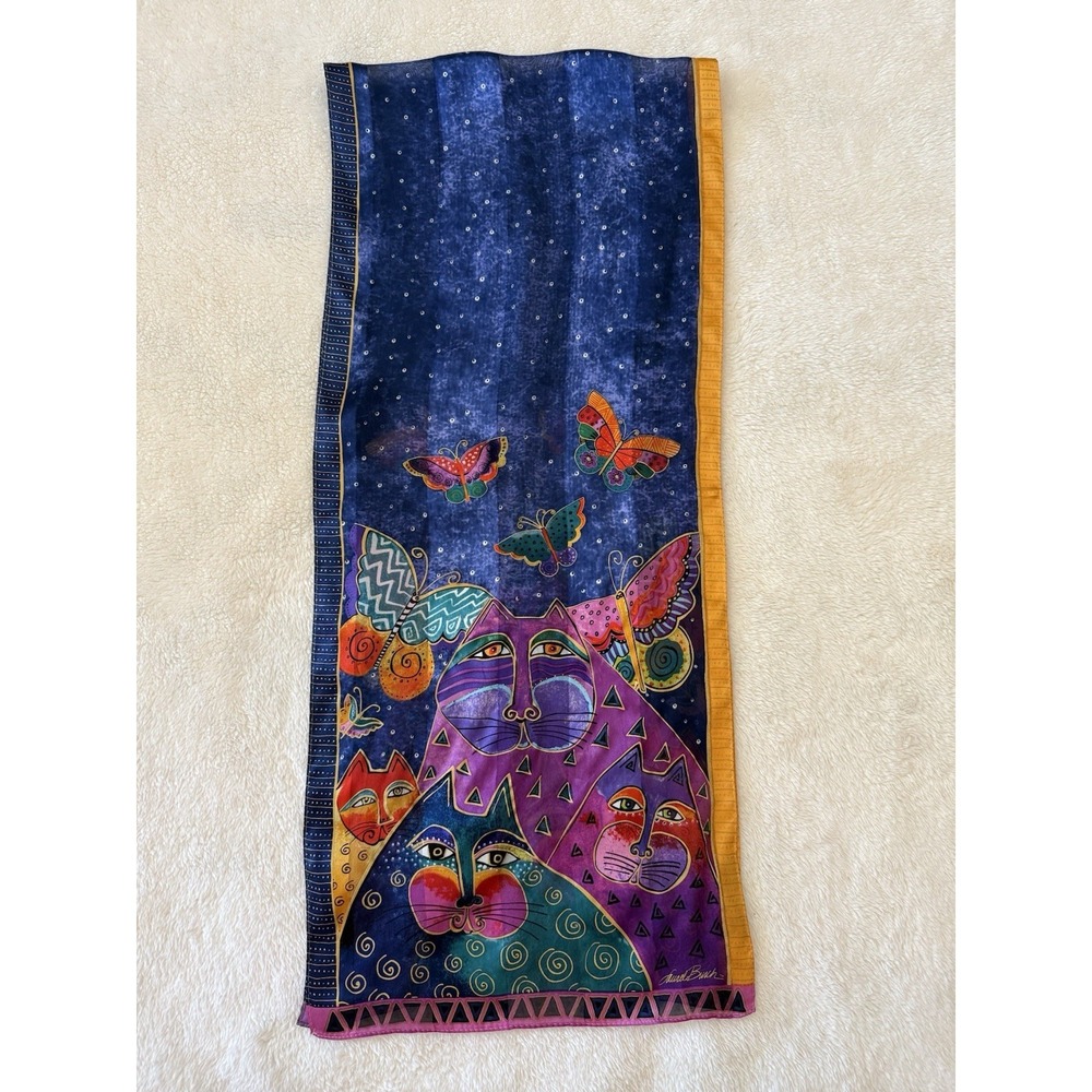 2015 Laurel Burch 100% Silk Scarf Indigo Cats & Butterflies 53x11 Wearable Art - Picture 9 of 11
